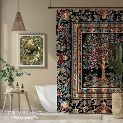 Medieval Cherry Tree of Life Shower Curtain | Baroque Botanical Pattern Romantic Gothic Style Garden Fruit Accent Maximalist Bathroom Decor