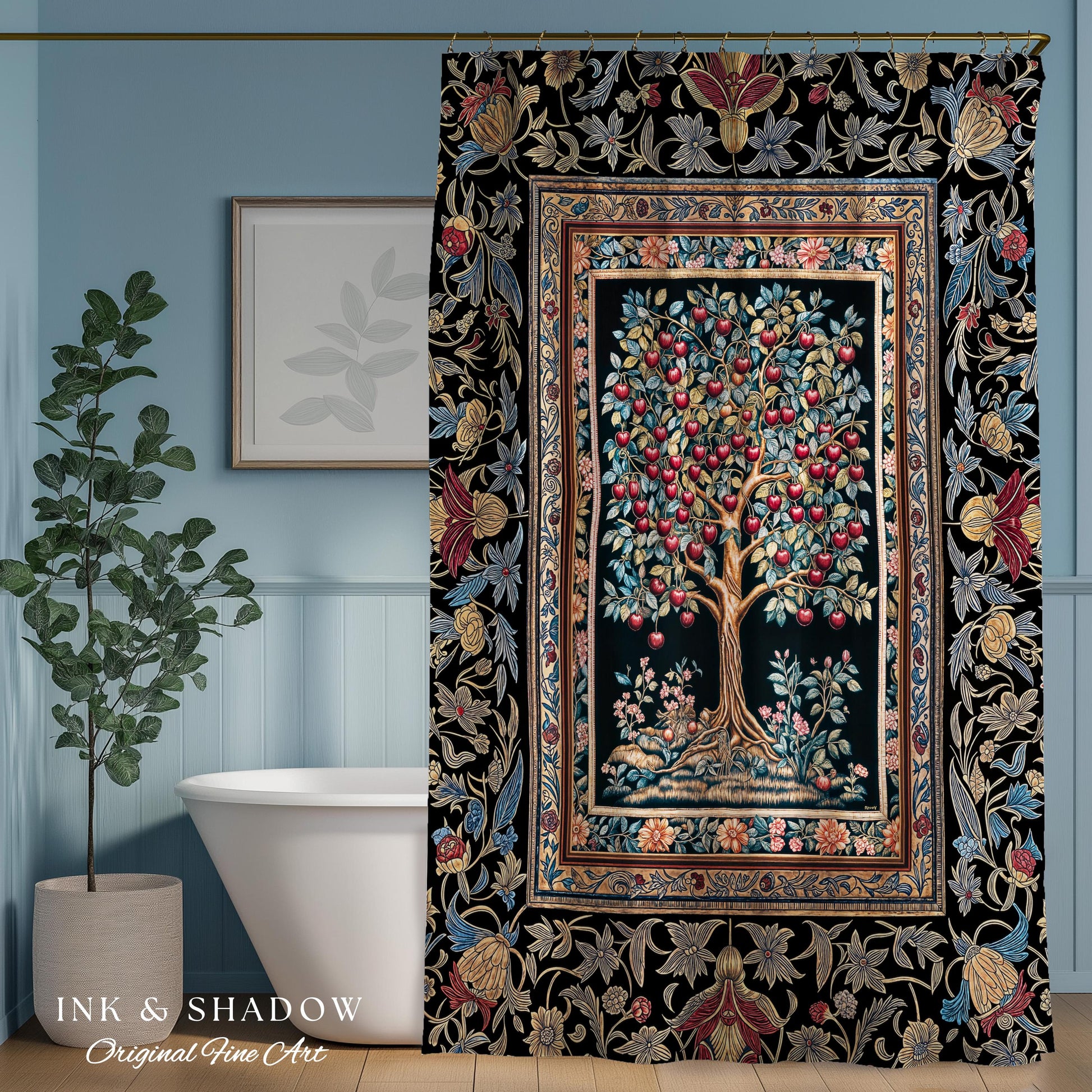 Medieval Cherry Tree of Life Shower Curtain | Baroque Botanical Pattern Romantic Gothic Style Garden Fruit Accent Maximalist Bathroom Decor