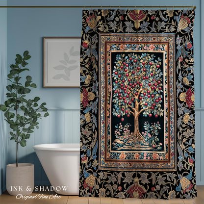Medieval Cherry Tree of Life Shower Curtain | Baroque Botanical Pattern Romantic Gothic Style Garden Fruit Accent Maximalist Bathroom Decor