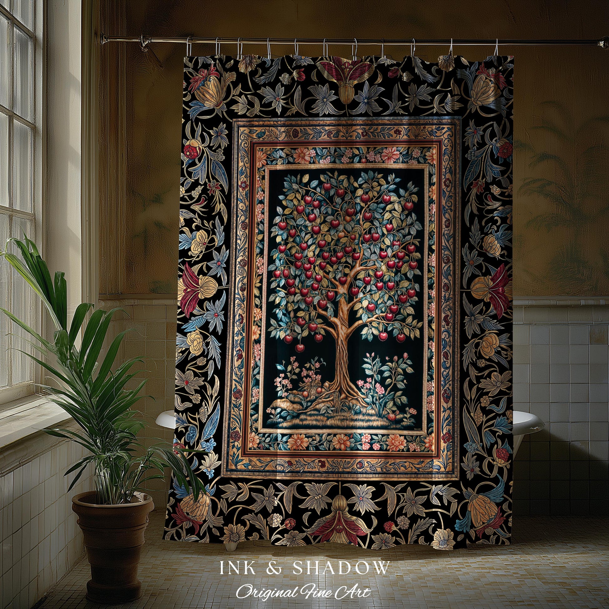 Medieval Cherry Tree of Life Shower Curtain | Baroque Botanical Pattern Romantic Gothic Style Garden Fruit Accent Maximalist Bathroom Decor