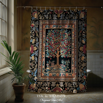 Medieval Cherry Tree of Life Shower Curtain | Baroque Botanical Pattern Romantic Gothic Style Garden Fruit Accent Maximalist Bathroom Decor