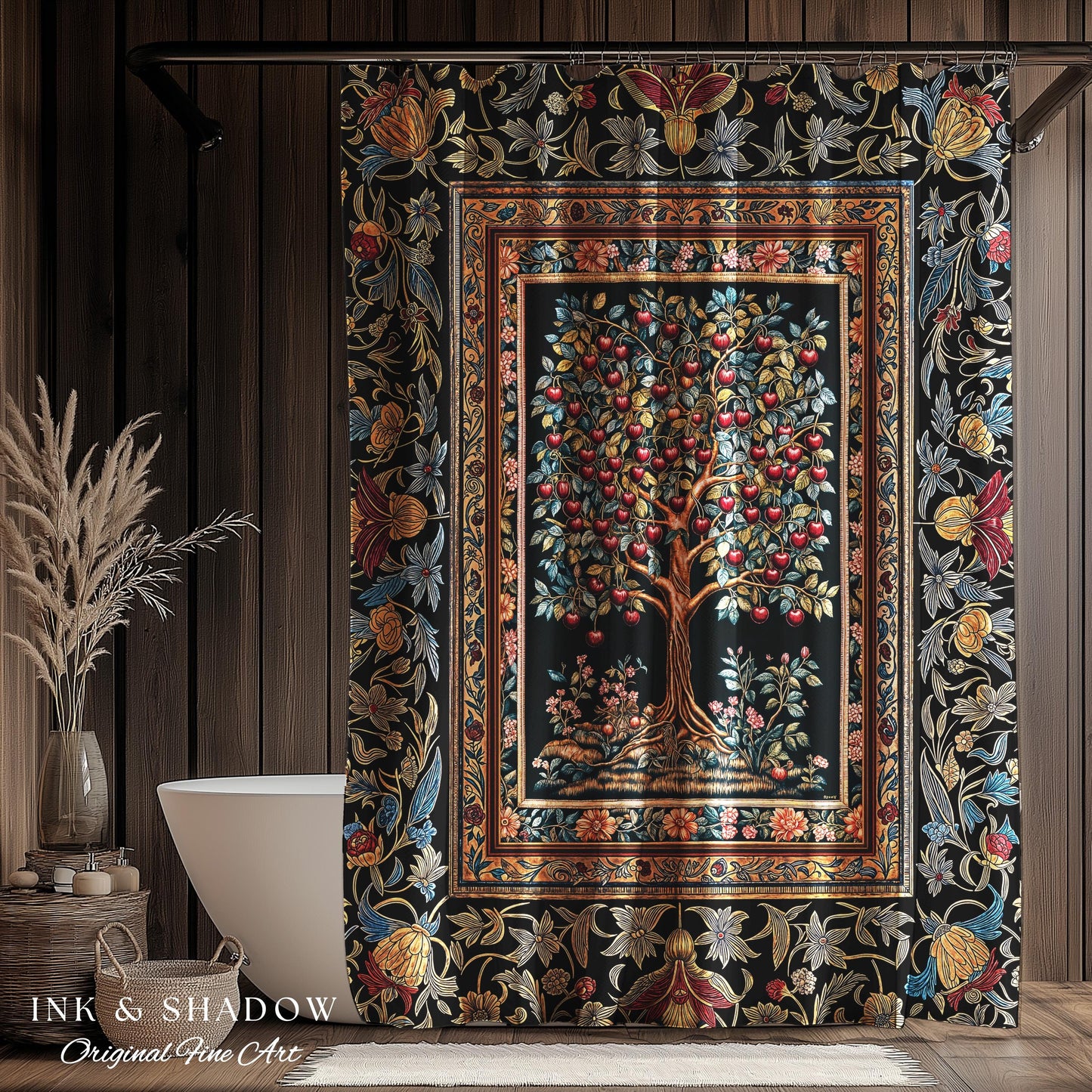 Medieval Cherry Tree of Life Shower Curtain | Baroque Botanical Pattern Romantic Gothic Style Garden Fruit Accent Maximalist Bathroom Decor