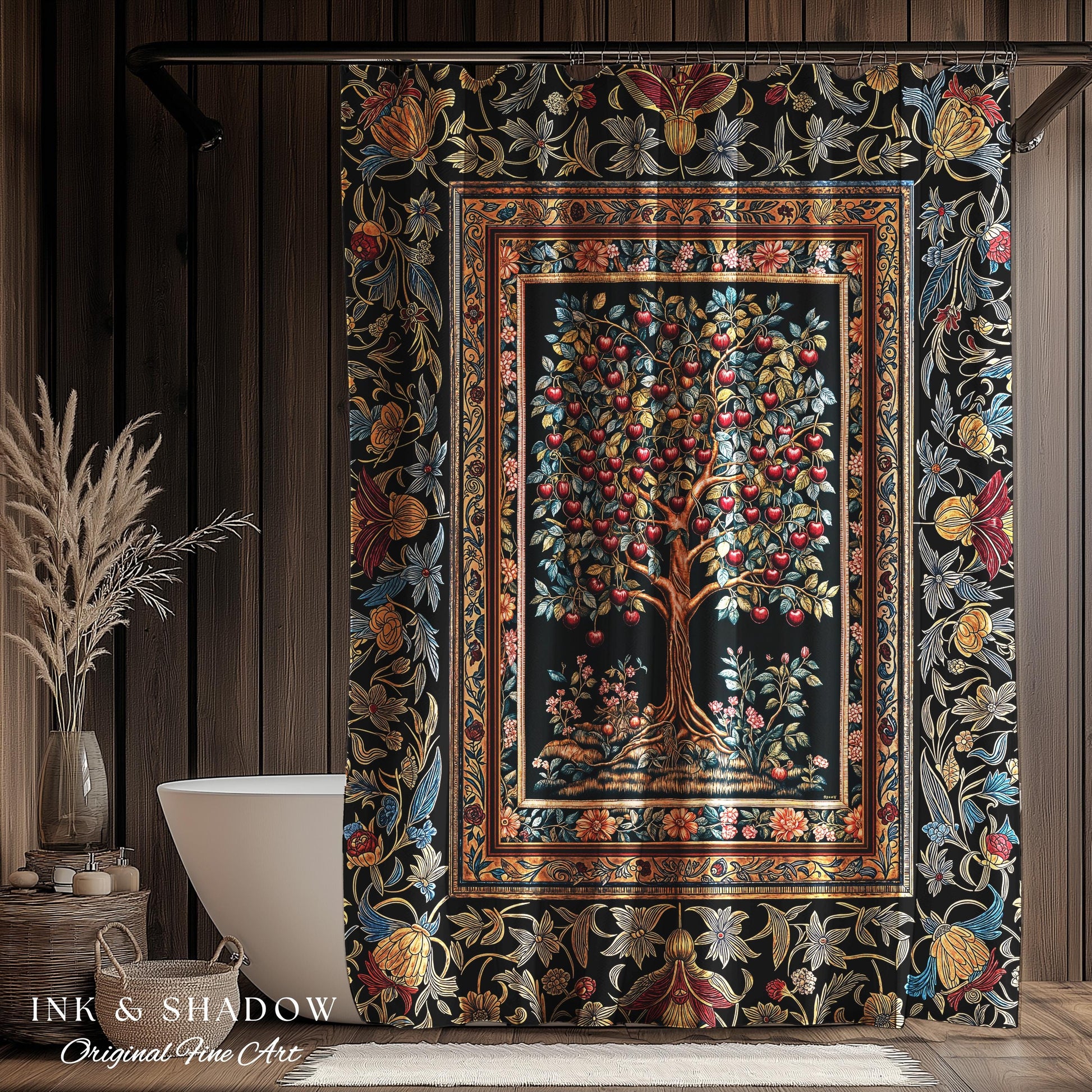 Medieval Cherry Tree of Life Shower Curtain | Baroque Botanical Pattern Romantic Gothic Style Garden Fruit Accent Maximalist Bathroom Decor