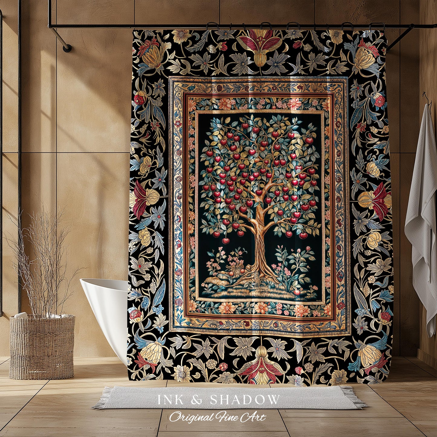 Medieval Cherry Tree of Life Shower Curtain | Baroque Botanical Pattern Romantic Gothic Style Garden Fruit Accent Maximalist Bathroom Decor