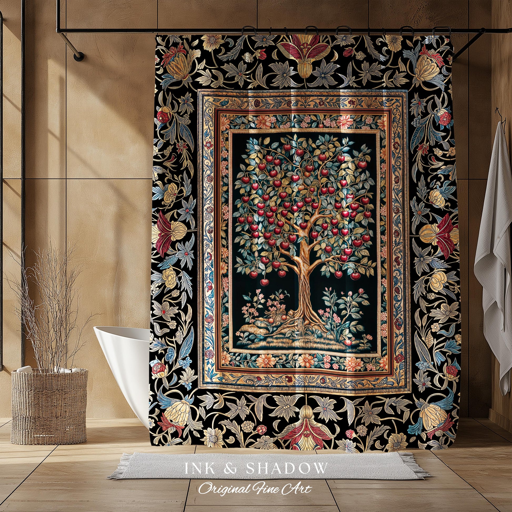 Medieval Cherry Tree of Life Shower Curtain | Baroque Botanical Pattern Romantic Gothic Style Garden Fruit Accent Maximalist Bathroom Decor