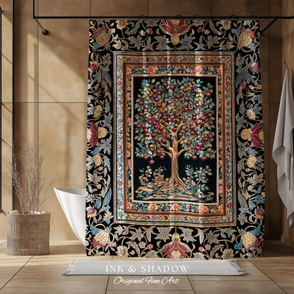 Medieval Cherry Tree of Life Shower Curtain | Baroque Botanical Pattern Romantic Gothic Style Garden Fruit Accent Maximalist Bathroom Decor