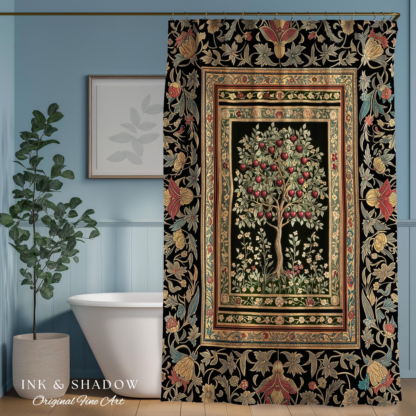 Rustic Garden Tree of Life Shower Curtain | Medieval Floral Motif Gothic Botanical Bathroom Decor Romantic Baroque Vintage Cherry Aesthetic