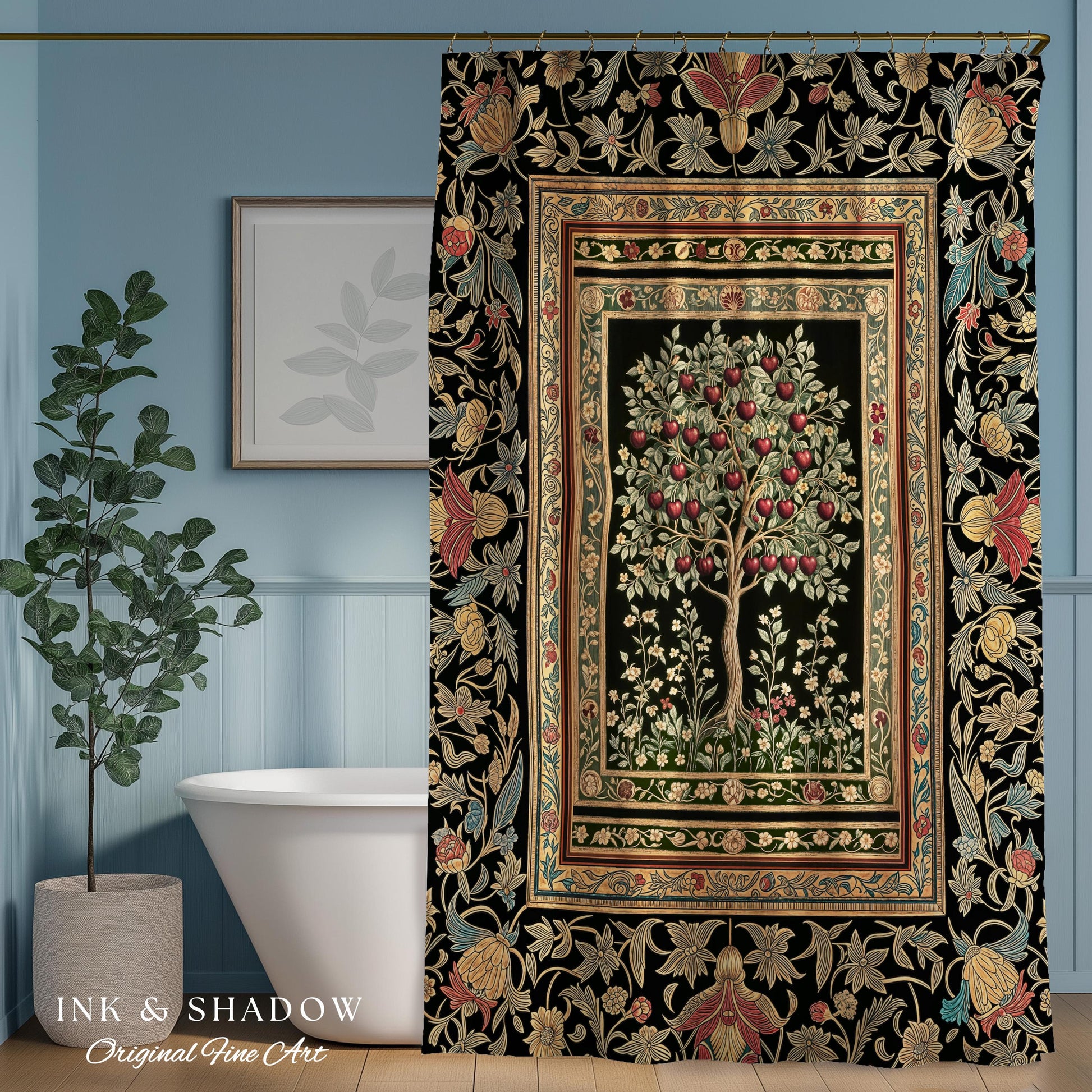 Rustic Garden Tree of Life Shower Curtain | Medieval Floral Motif Gothic Botanical Bathroom Decor Romantic Baroque Vintage Cherry Aesthetic