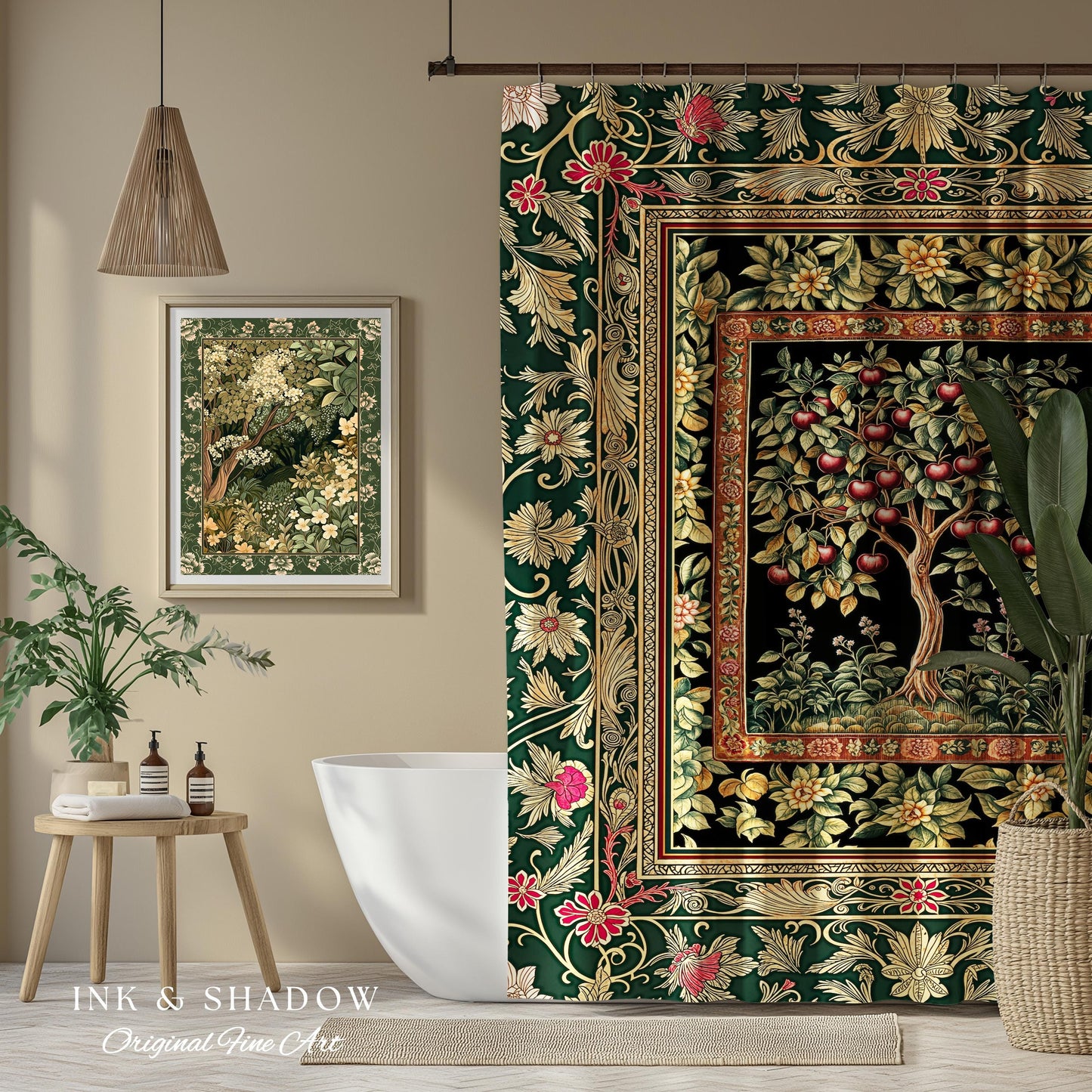 Storybook Gothic Cherry Tree Shower Curtain | Romantic Woodland Botanical Fruit Design Ornate Floral Bathroom Baroque Garden Medieval Decor