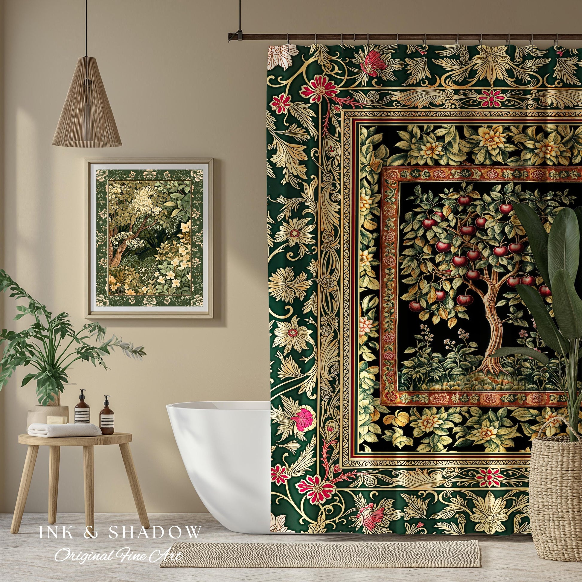 Storybook Gothic Cherry Tree Shower Curtain | Romantic Woodland Botanical Fruit Design Ornate Floral Bathroom Baroque Garden Medieval Decor