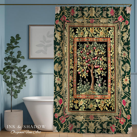 Storybook Gothic Cherry Tree Shower Curtain | Romantic Woodland Botanical Fruit Design Ornate Floral Bathroom Baroque Garden Medieval Decor