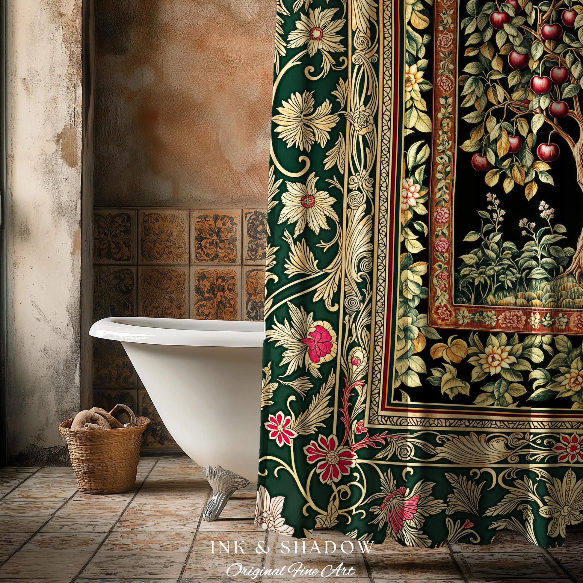 Storybook Gothic Cherry Tree Shower Curtain | Romantic Woodland Botanical Fruit Design Ornate Floral Bathroom Baroque Garden Medieval Decor