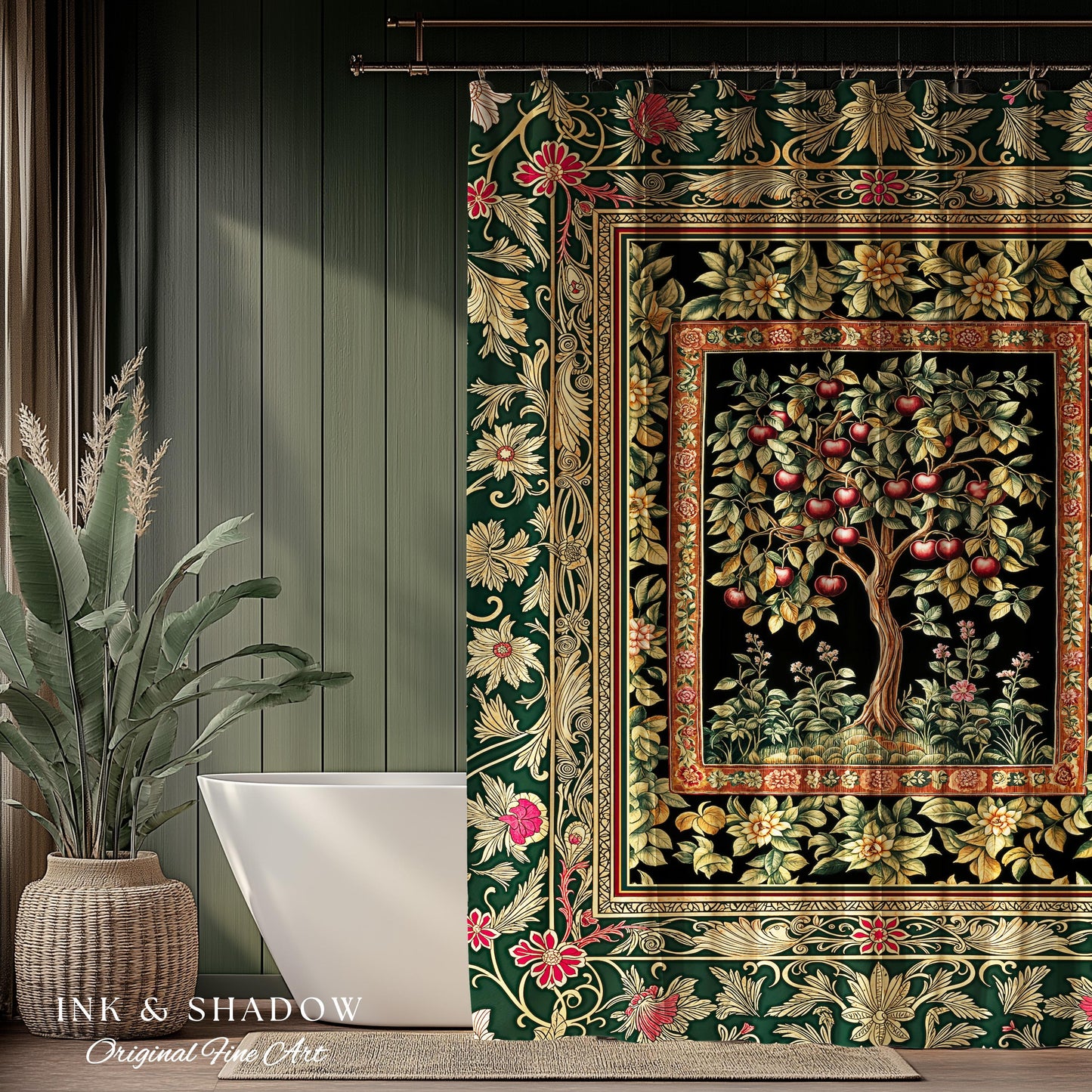 Storybook Gothic Cherry Tree Shower Curtain | Romantic Woodland Botanical Fruit Design Ornate Floral Bathroom Baroque Garden Medieval Decor