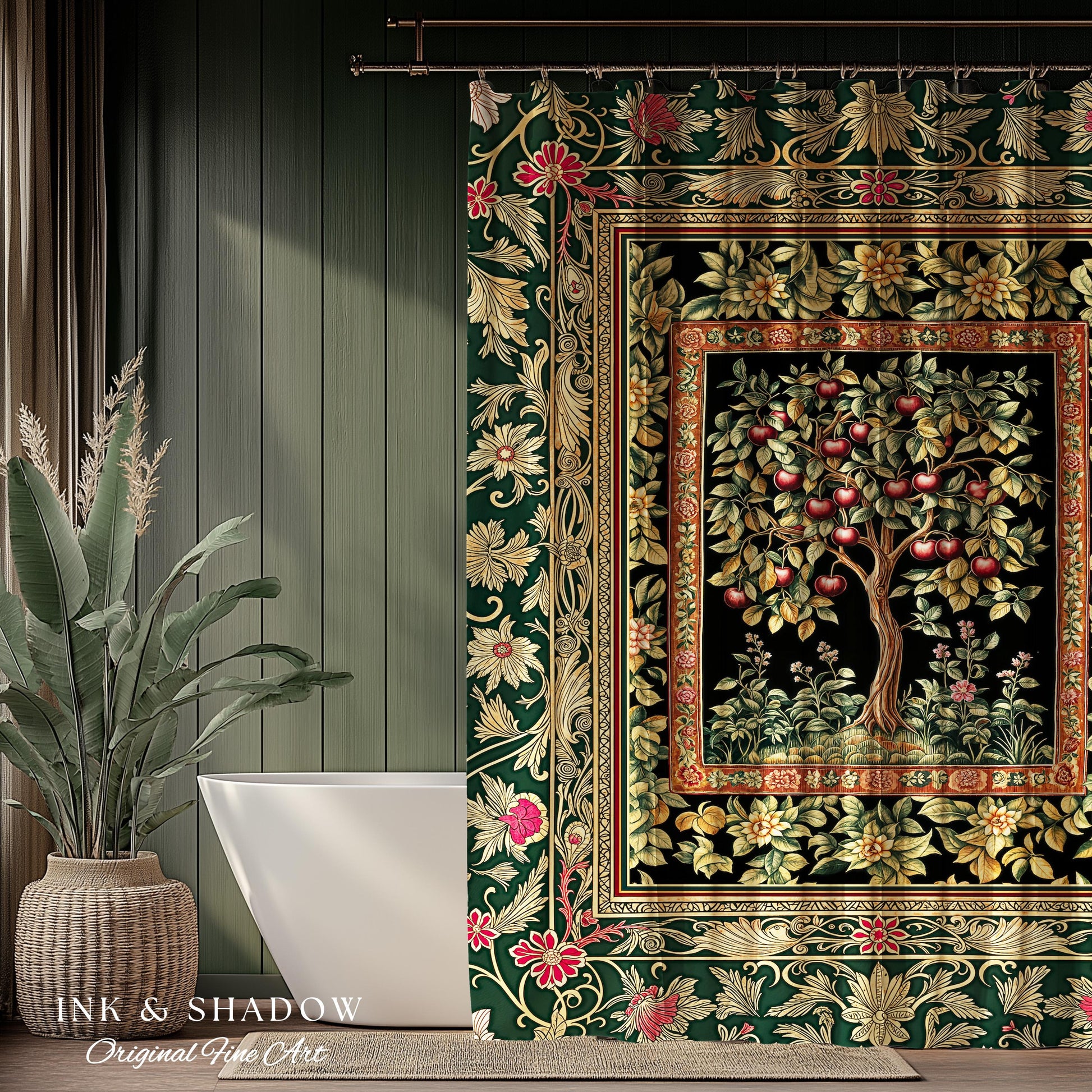 Storybook Gothic Cherry Tree Shower Curtain | Romantic Woodland Botanical Fruit Design Ornate Floral Bathroom Baroque Garden Medieval Decor