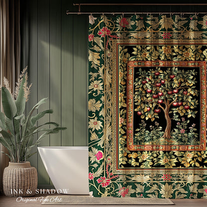 Storybook Gothic Cherry Tree Shower Curtain | Romantic Woodland Botanical Fruit Design Ornate Floral Bathroom Baroque Garden Medieval Decor