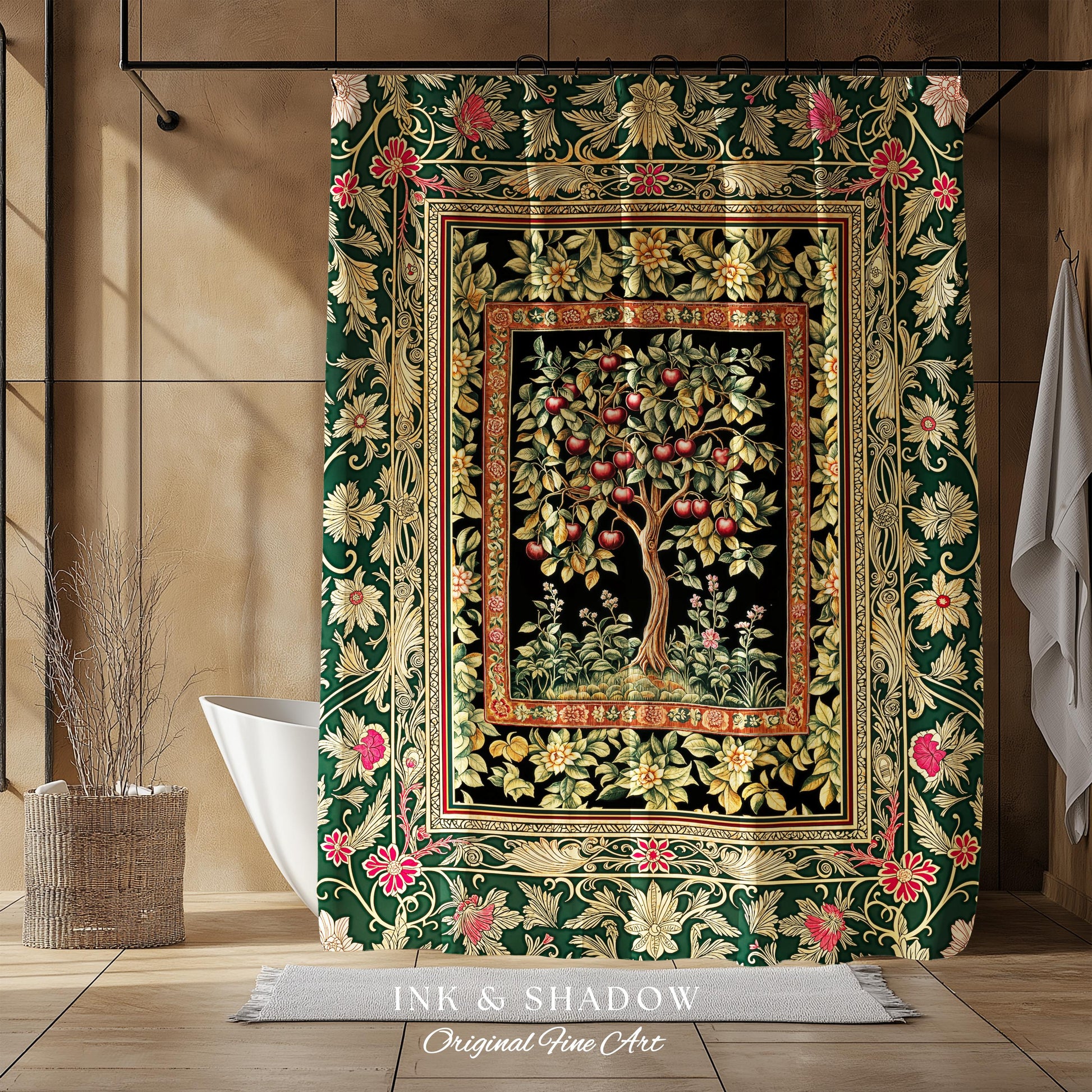 Storybook Gothic Cherry Tree Shower Curtain | Romantic Woodland Botanical Fruit Design Ornate Floral Bathroom Baroque Garden Medieval Decor