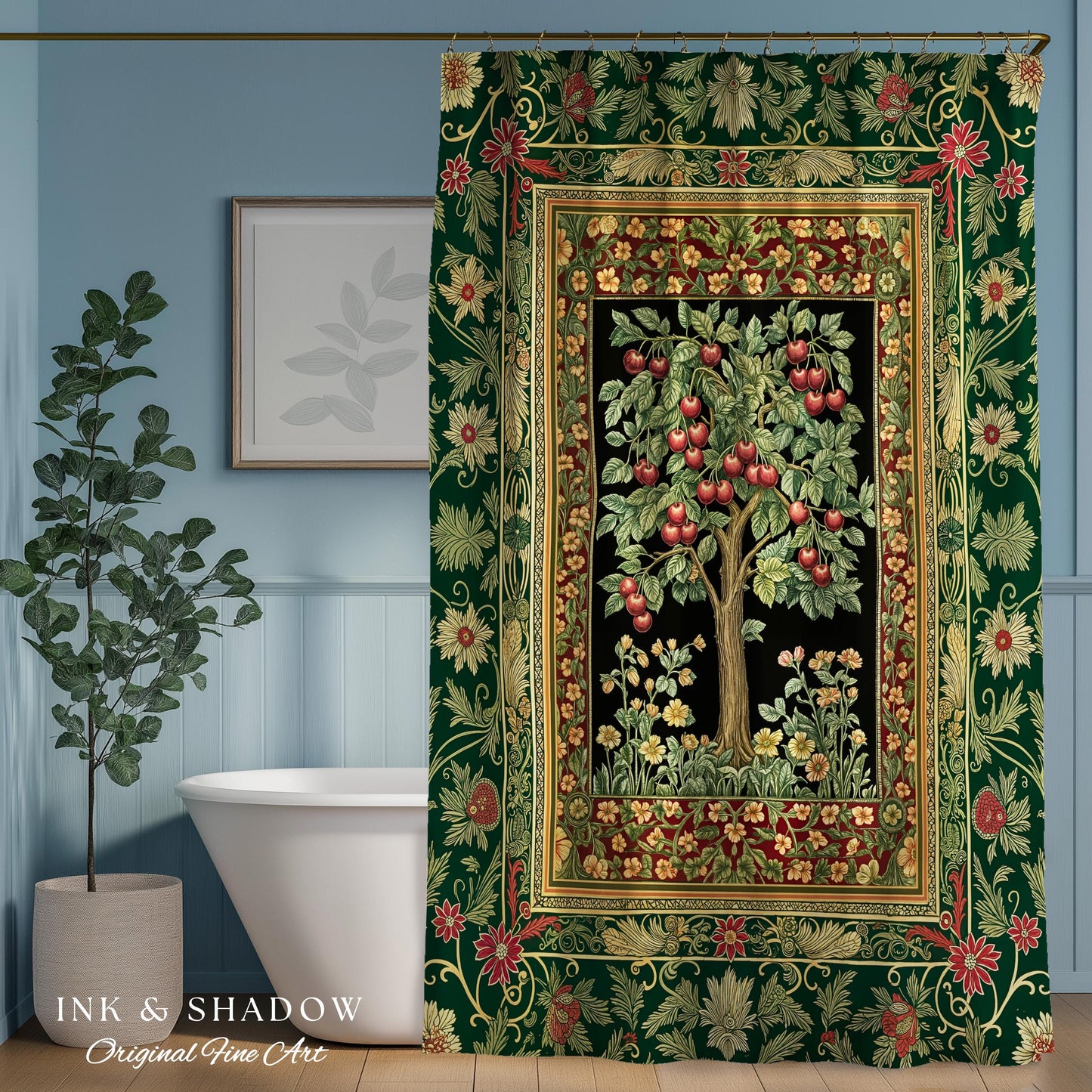 Woodland Folklore Tree of Life Shower Curtain | Romantic Botanical Decor Vintage Garden Baroque Floral Style Cottagecore Bathroom Accent