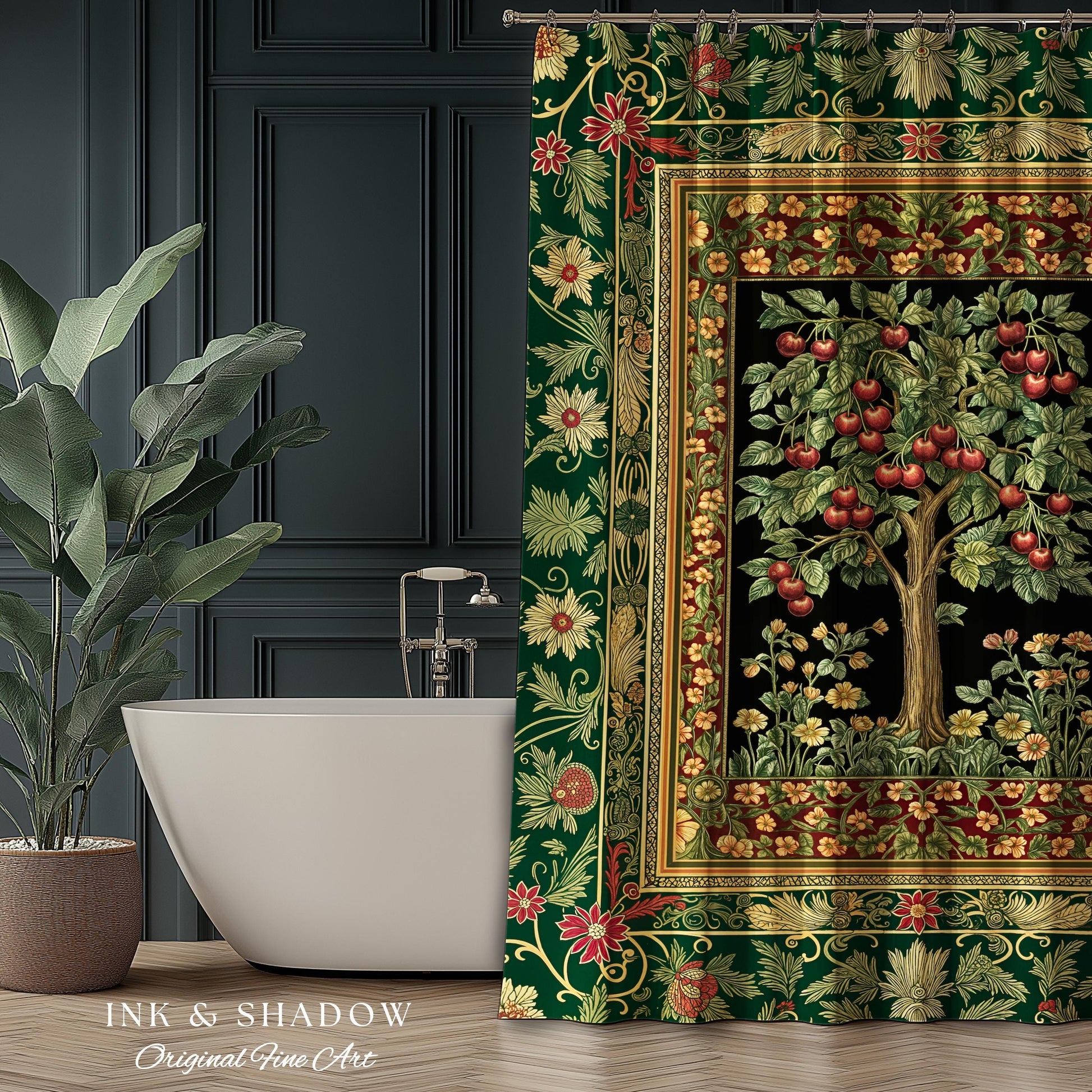 Woodland Folklore Tree of Life Shower Curtain | Romantic Botanical Decor Vintage Garden Baroque Floral Style Cottagecore Bathroom Accent