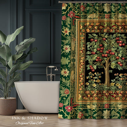 Woodland Folklore Tree of Life Shower Curtain | Romantic Botanical Decor Vintage Garden Baroque Floral Style Cottagecore Bathroom Accent