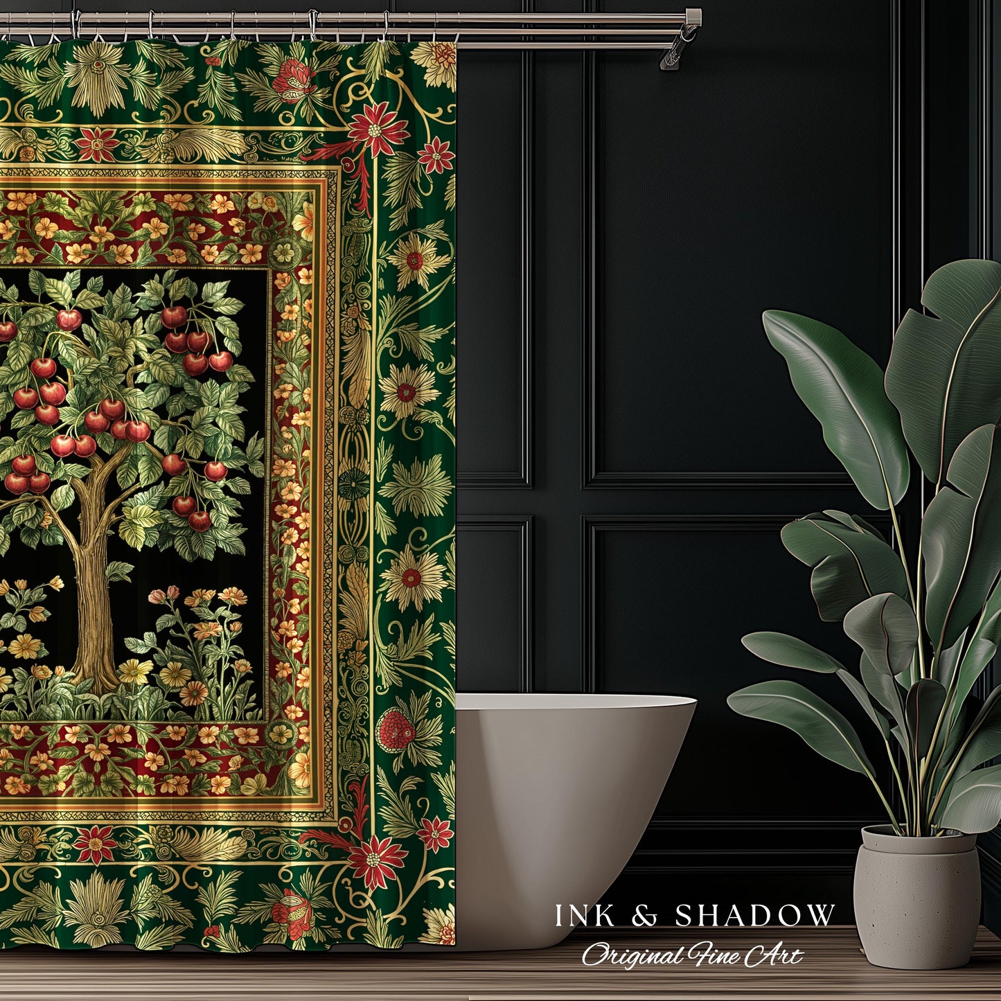 Woodland Folklore Tree of Life Shower Curtain | Romantic Botanical Decor Vintage Garden Baroque Floral Style Cottagecore Bathroom Accent