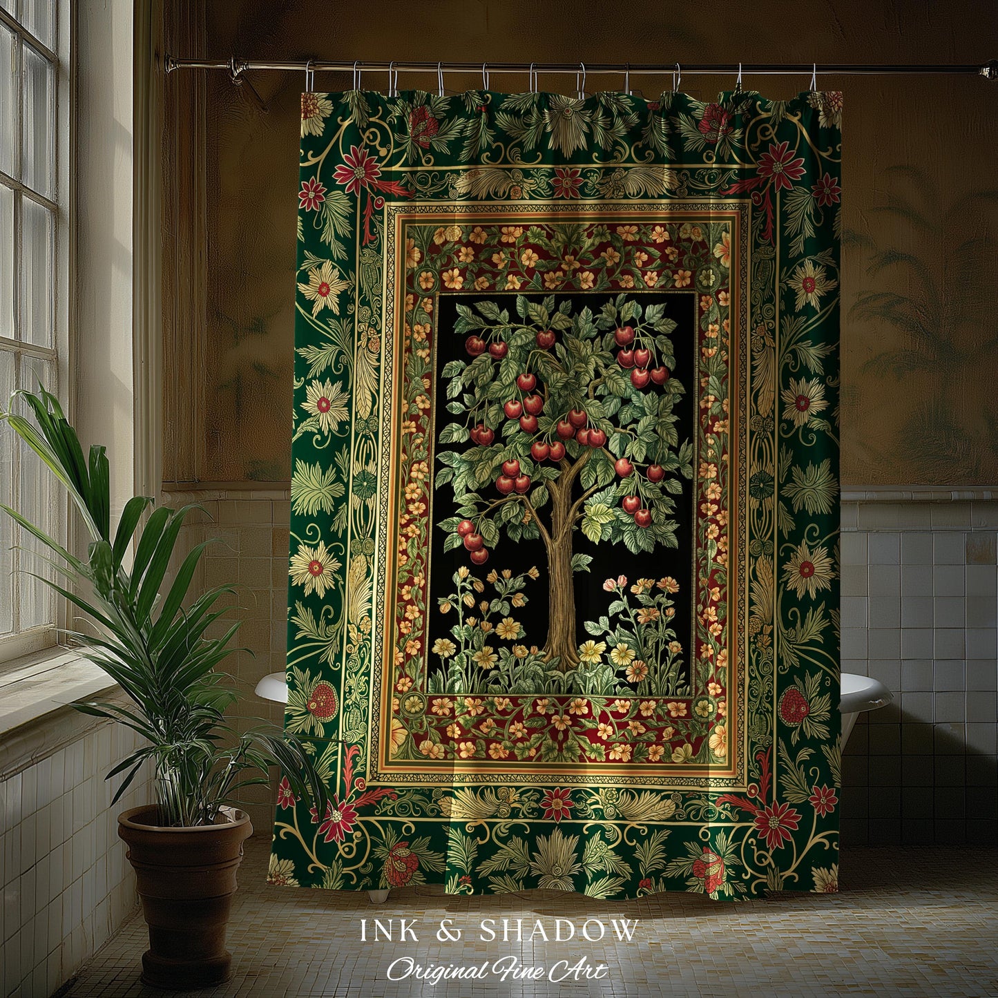 Woodland Folklore Tree of Life Shower Curtain | Romantic Botanical Decor Vintage Garden Baroque Floral Style Cottagecore Bathroom Accent