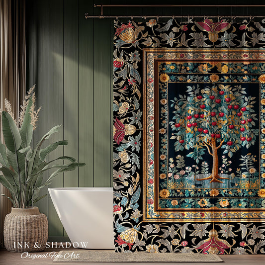 Moody Cottagecore Tree of Life Shower Curtain | Cherry Aesthetic Woodland Folklore Design Baroque Botanical Romantic Floral Bathroom Accent