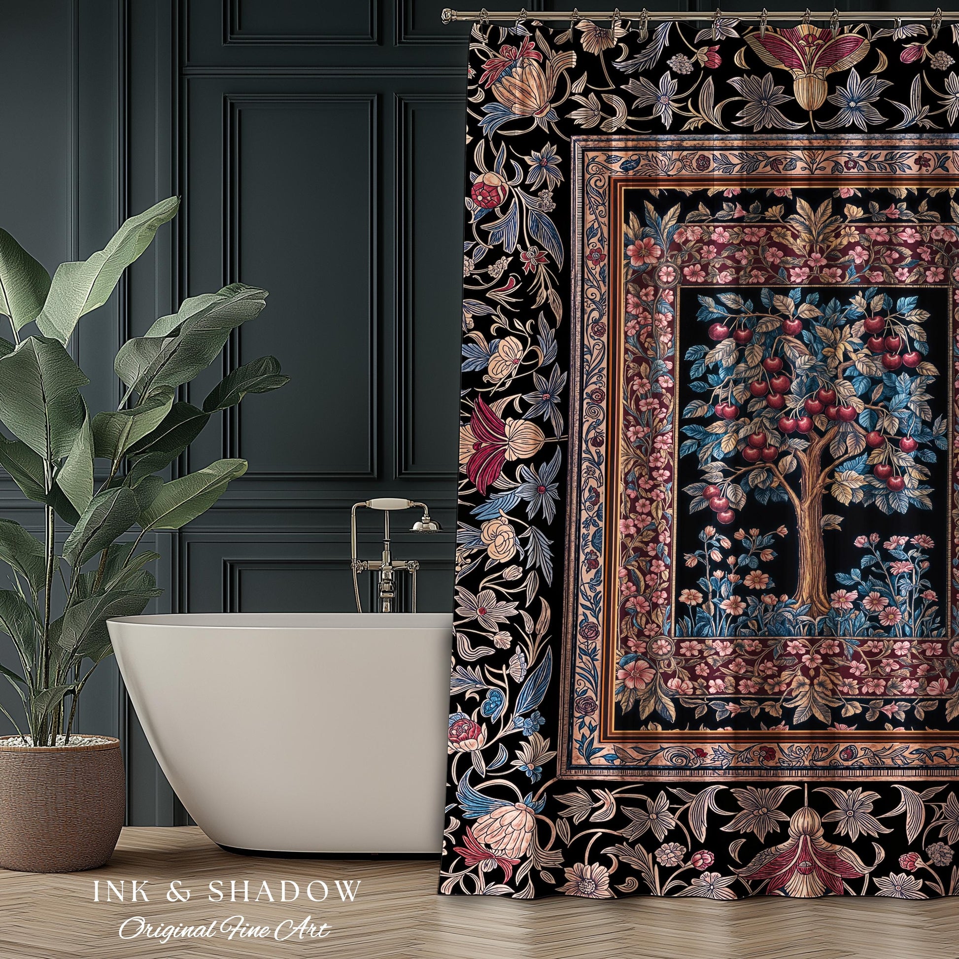 Mystical Dark Academia Tree of Life Shower Curtain | Moody Garden Jewel Tone Bathroom Decor Baroque Botanical Style Dark Cottagecore Floral