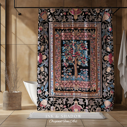 Mystical Dark Academia Tree of Life Shower Curtain | Moody Garden Jewel Tone Bathroom Decor Baroque Botanical Style Dark Cottagecore Floral
