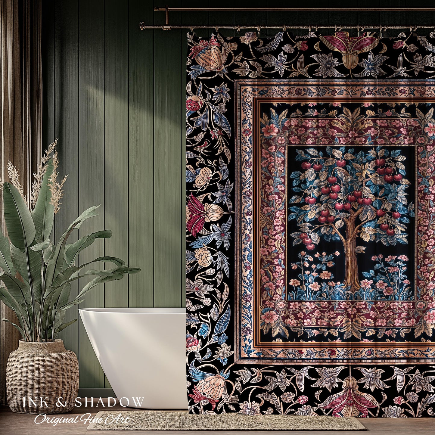 Mystical Dark Academia Tree of Life Shower Curtain | Moody Garden Jewel Tone Bathroom Decor Baroque Botanical Style Dark Cottagecore Floral