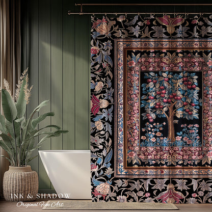 Mystical Dark Academia Tree of Life Shower Curtain | Moody Garden Jewel Tone Bathroom Decor Baroque Botanical Style Dark Cottagecore Floral
