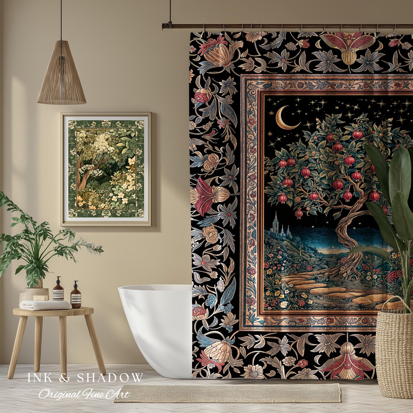 Twilight Orchard Tree Life Shower Curtain | Enchanted Harvest Aesthetic Crimson Moonlit Medieval Magic Style Eclectic Bathroom Accent Boho