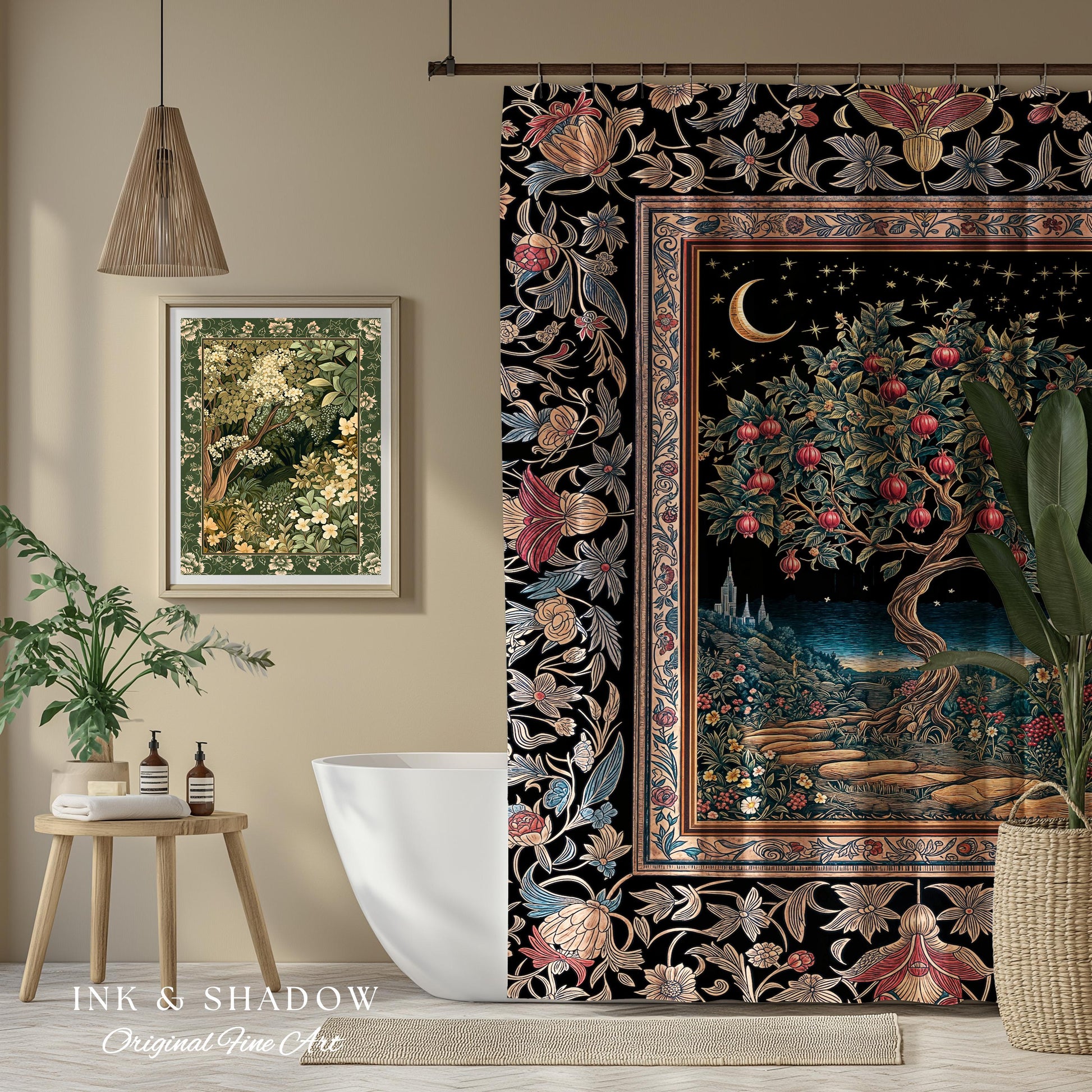 Twilight Orchard Tree Life Shower Curtain | Enchanted Harvest Aesthetic Crimson Moonlit Medieval Magic Style Eclectic Bathroom Accent Boho