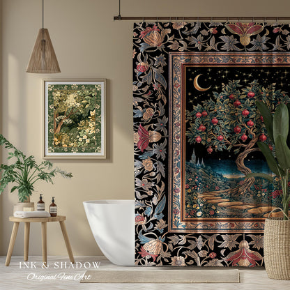Twilight Orchard Tree Life Shower Curtain | Enchanted Harvest Aesthetic Crimson Moonlit Medieval Magic Style Eclectic Bathroom Accent Boho