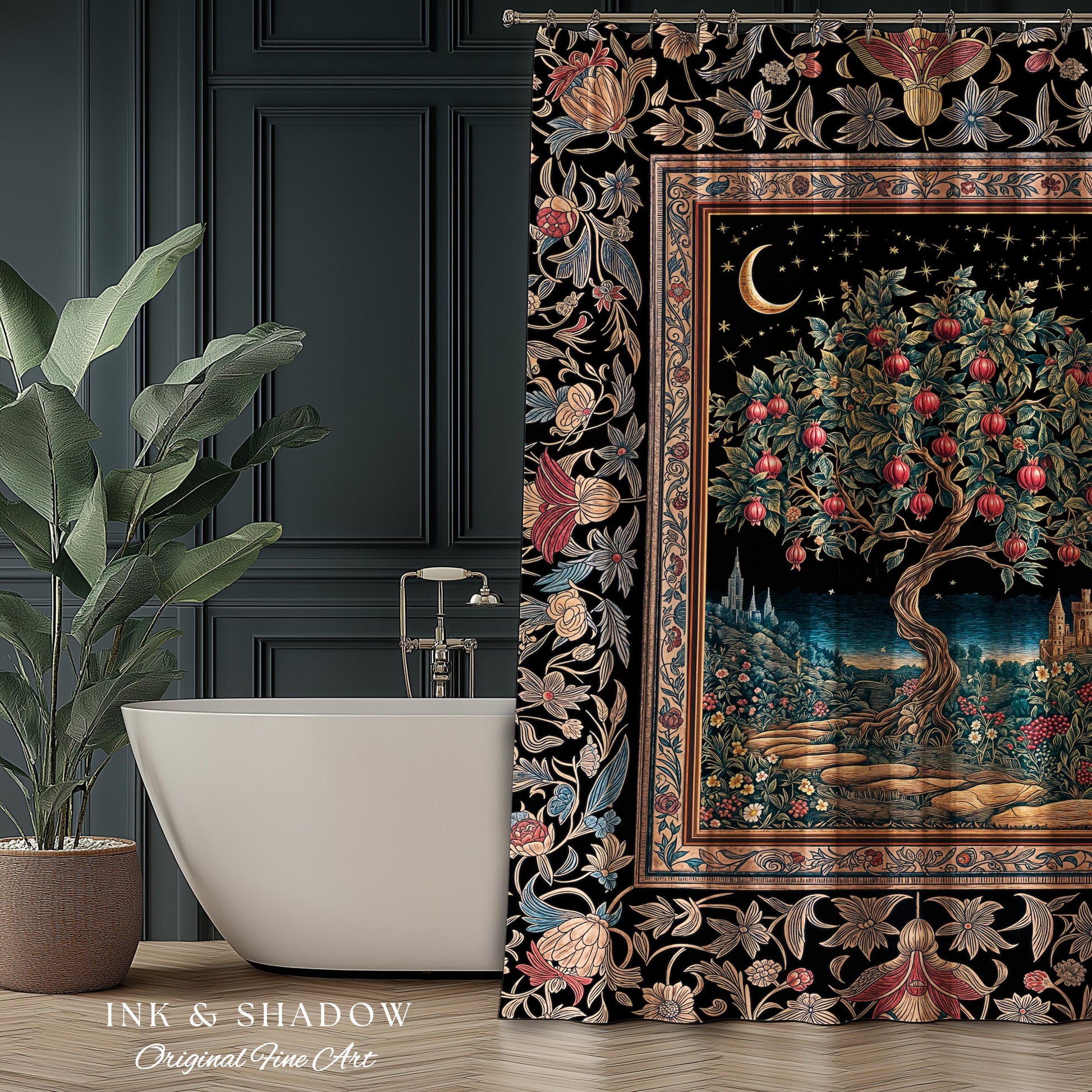 Twilight Orchard Tree Life Shower Curtain | Enchanted Harvest Aesthetic Crimson Moonlit Medieval Magic Style Eclectic Bathroom Accent Boho