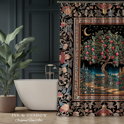 Twilight Orchard Tree Life Shower Curtain | Enchanted Harvest Aesthetic Crimson Moonlit Medieval Magic Style Eclectic Bathroom Accent Boho