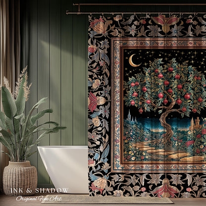 Twilight Orchard Tree Life Shower Curtain | Enchanted Harvest Aesthetic Crimson Moonlit Medieval Magic Style Eclectic Bathroom Accent Boho