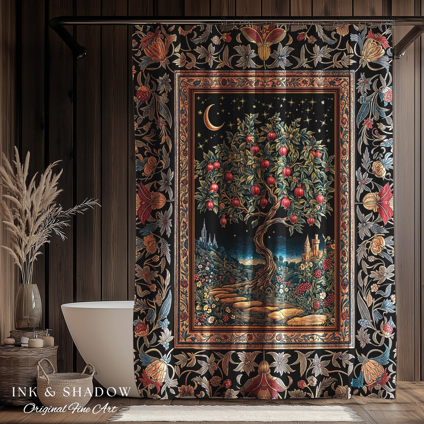 Twilight Orchard Tree Life Shower Curtain | Enchanted Harvest Aesthetic Crimson Moonlit Medieval Magic Style Eclectic Bathroom Accent Boho