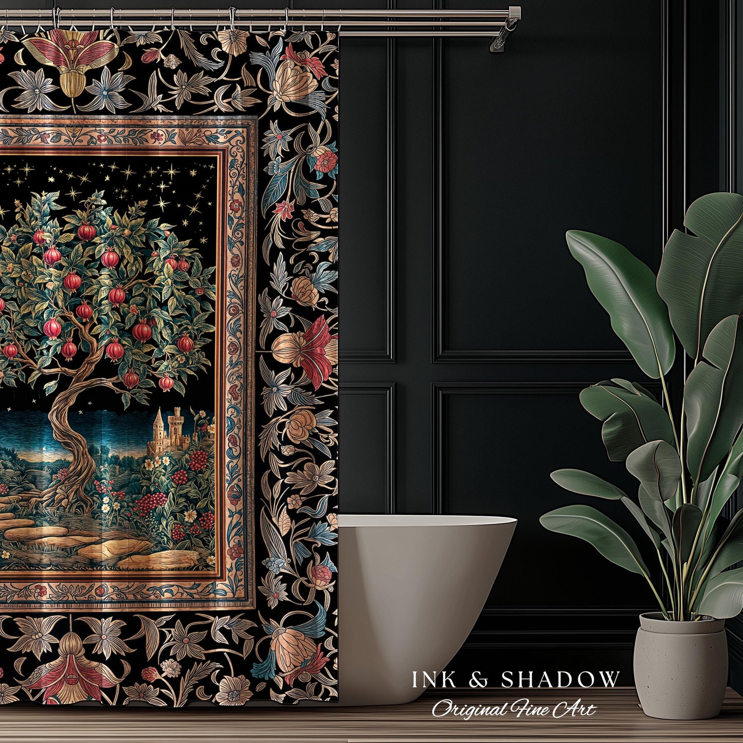 Twilight Orchard Tree Life Shower Curtain | Enchanted Harvest Aesthetic Crimson Moonlit Medieval Magic Style Eclectic Bathroom Accent Boho