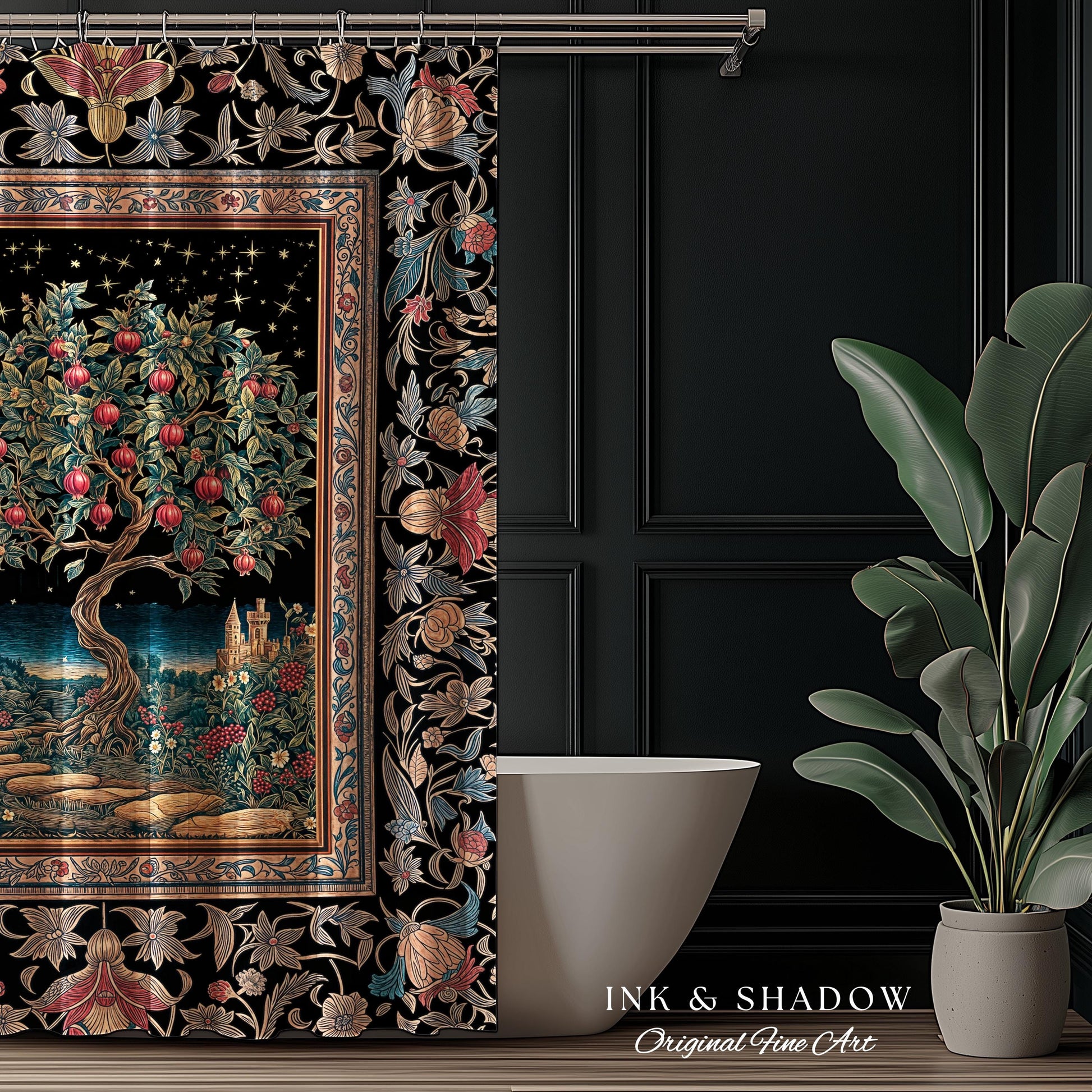 Twilight Orchard Tree Life Shower Curtain | Enchanted Harvest Aesthetic Crimson Moonlit Medieval Magic Style Eclectic Bathroom Accent Boho