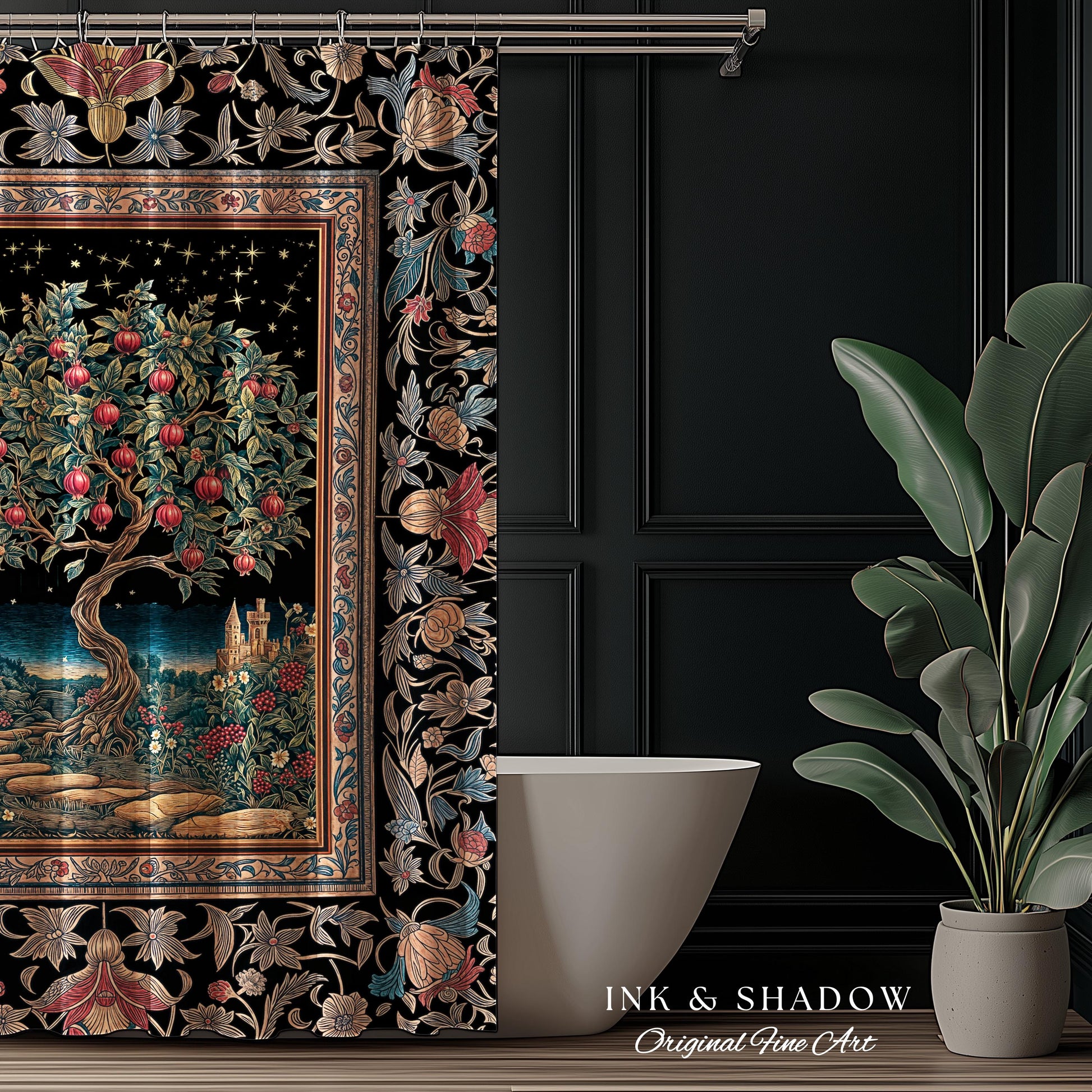 Twilight Orchard Tree Life Shower Curtain | Enchanted Harvest Aesthetic Crimson Moonlit Medieval Magic Style Eclectic Bathroom Accent Boho
