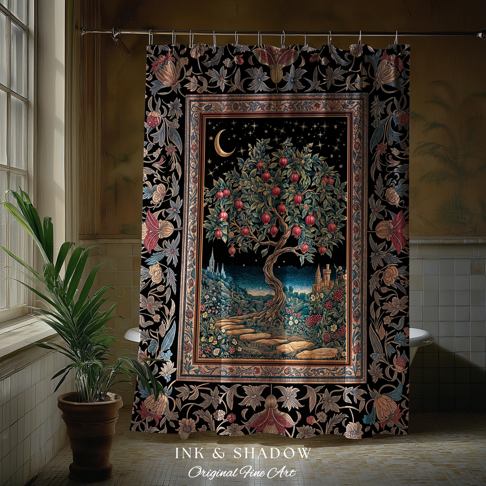 Twilight Orchard Tree Life Shower Curtain | Enchanted Harvest Aesthetic Crimson Moonlit Medieval Magic Style Eclectic Bathroom Accent Boho