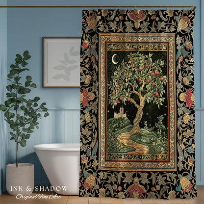 Moonlit Magic Whimsical Tree Shower Curtain | Celestial Forest Midnight Aesthetic Folklore Fairy Tale Decor Medieval Bathroom Accent Boho |