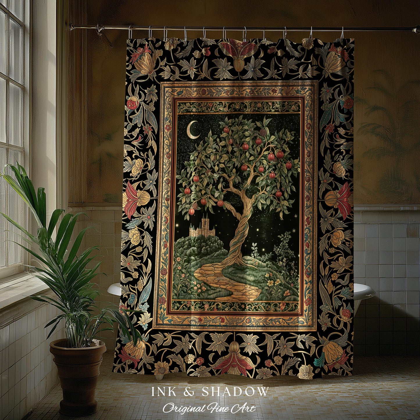 Moonlit Magic Whimsical Tree Shower Curtain | Celestial Forest Midnight Aesthetic Folklore Fairy Tale Decor Medieval Bathroom Accent Boho |