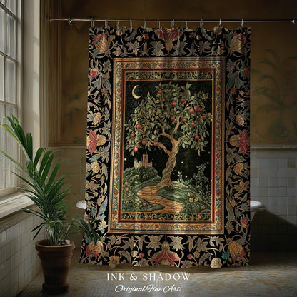 Moonlit Magic Whimsical Tree Shower Curtain | Celestial Forest Midnight Aesthetic Folklore Fairy Tale Decor Medieval Bathroom Accent Boho |