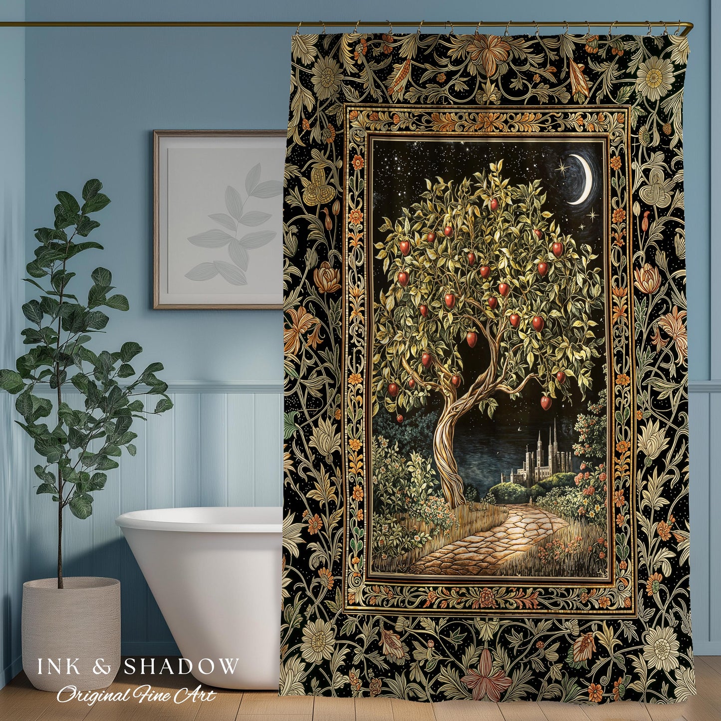 Starlit Storybook Tree Shower Curtain | Dreamy Bedroom Decor Folklore Castle Garden Magic Moody Celestial Folklore Bathroom Accent Bohemian