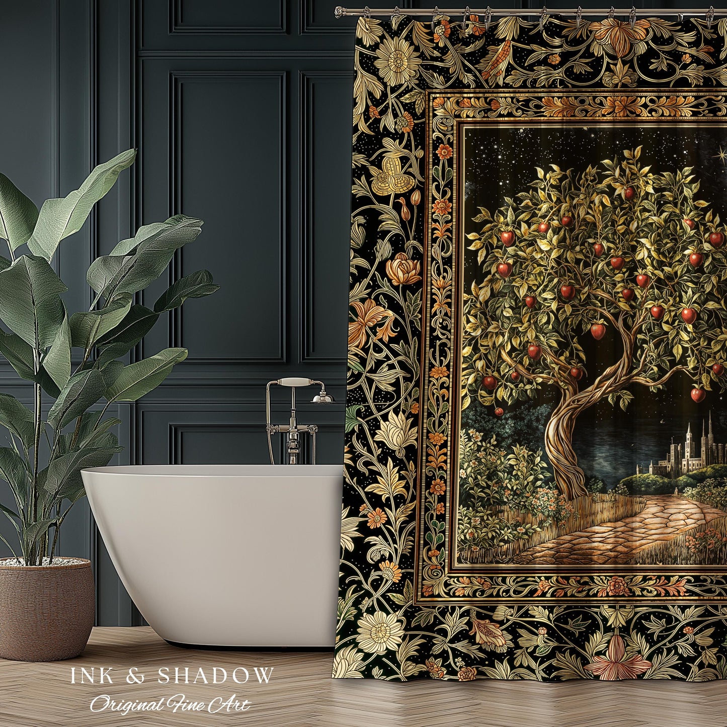 Starlit Storybook Tree Shower Curtain | Dreamy Bedroom Decor Folklore Castle Garden Magic Moody Celestial Folklore Bathroom Accent Bohemian