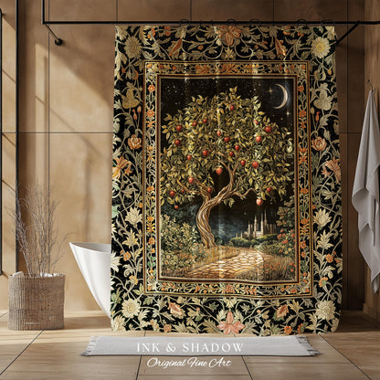 Starlit Storybook Tree Shower Curtain | Dreamy Bedroom Decor Folklore Castle Garden Magic Moody Celestial Folklore Bathroom Accent Bohemian