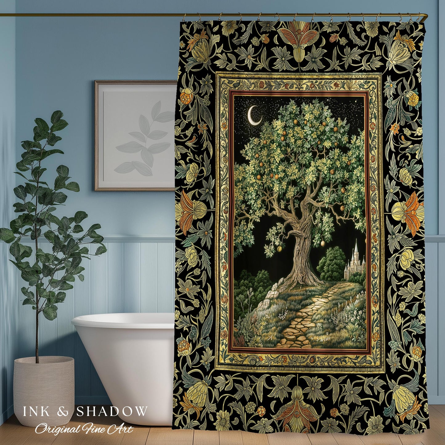 Emerald Aesthetic Folklore Shower Curtain | Celestial Tree of Life Moonlit Forest Enchanted Mystic Woodland Bathroom Cottagecore Whimsical