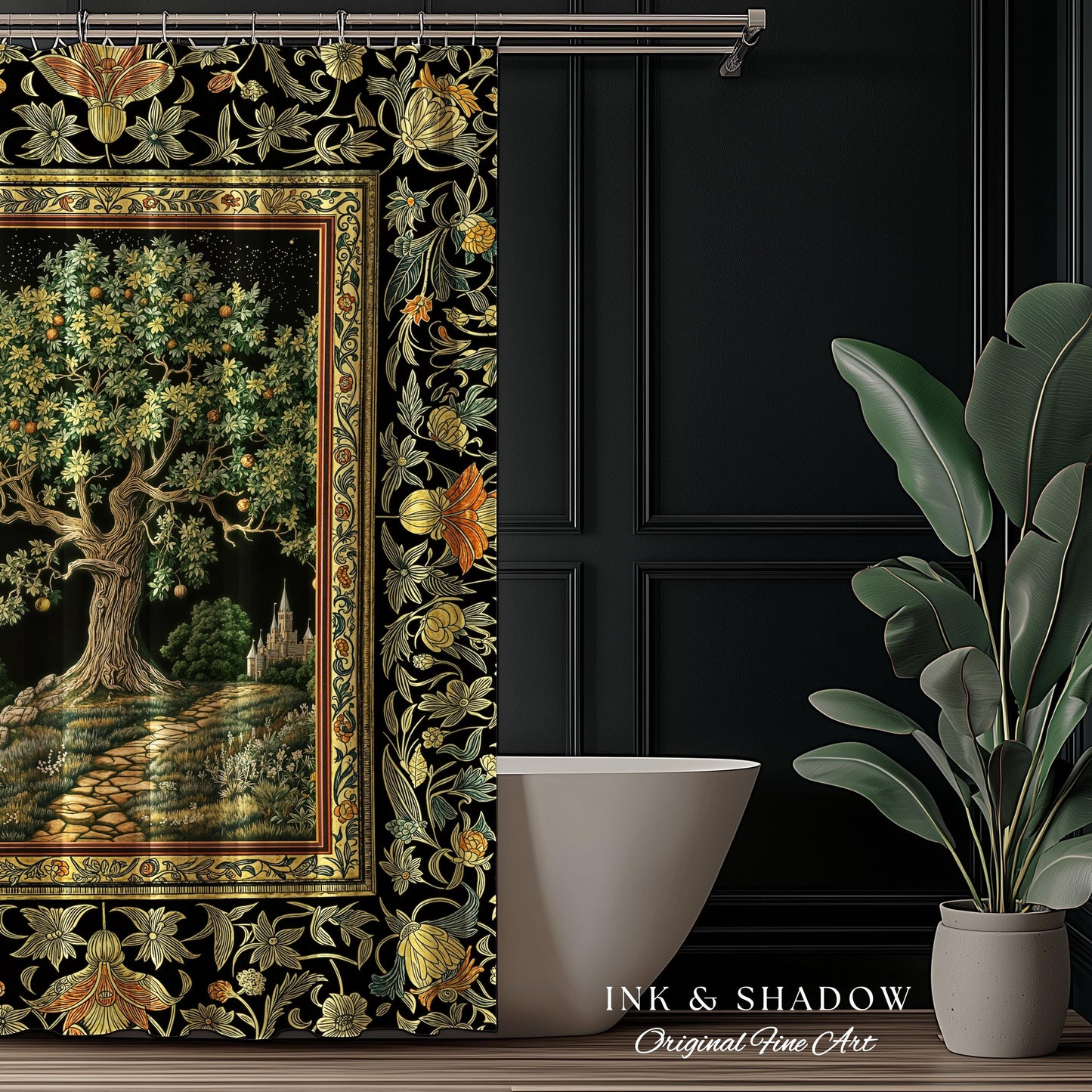 Emerald Aesthetic Folklore Shower Curtain | Celestial Tree of Life Moonlit Forest Enchanted Mystic Woodland Bathroom Cottagecore Whimsical