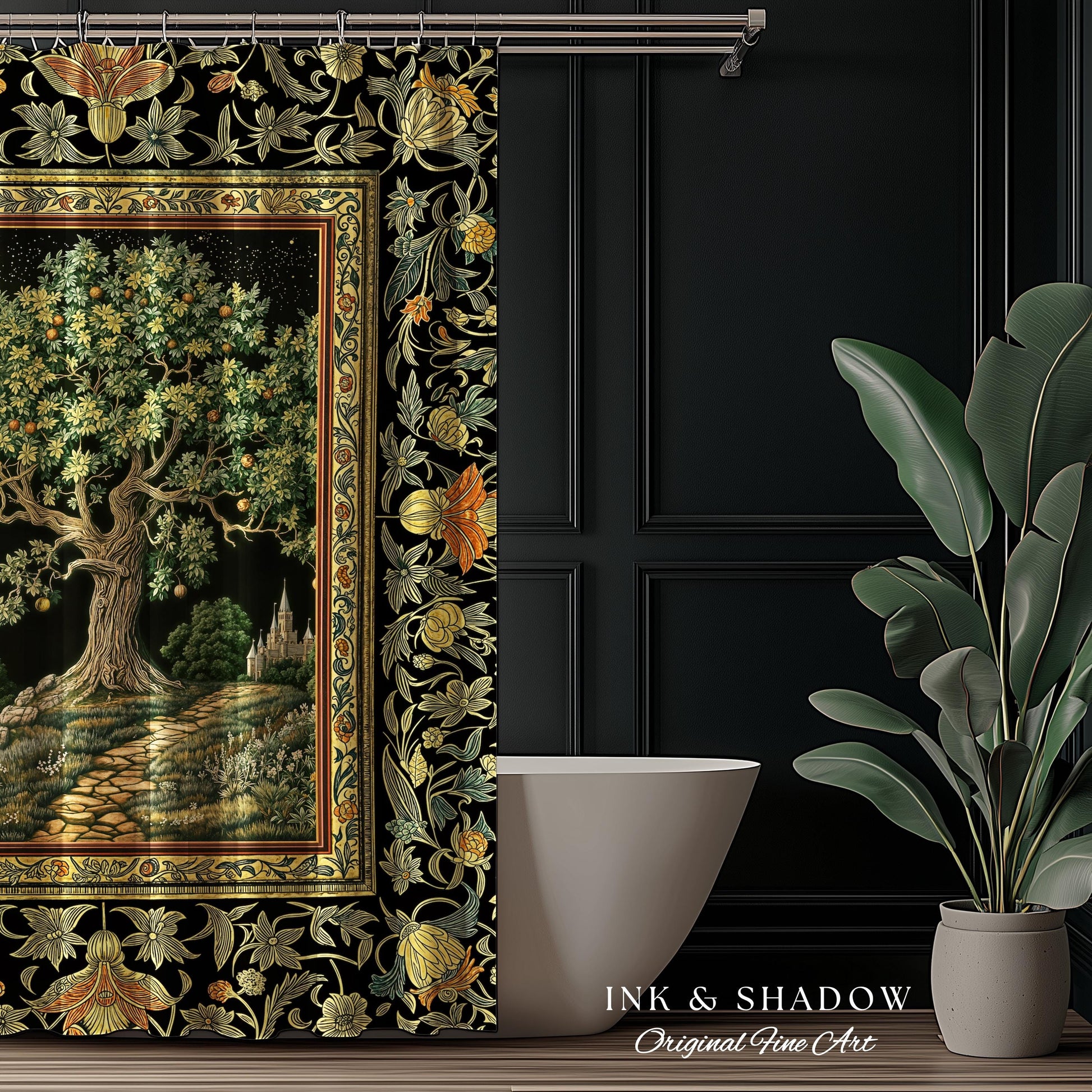 Emerald Aesthetic Folklore Shower Curtain | Celestial Tree of Life Moonlit Forest Enchanted Mystic Woodland Bathroom Cottagecore Whimsical